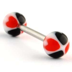   Steel Straight Barbell 14g 5/8, Acrylic Heart Balls 6mm Black / Red