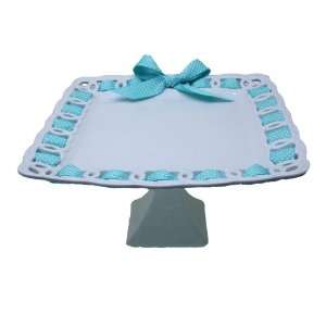   Cake Stand Embossed Square Pedestal White with Turquoise White Polka