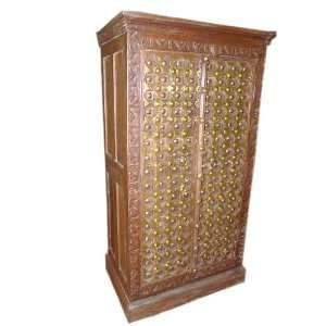  Brass Old Door Armoire Hand Carved Teak Wood Cabinet 