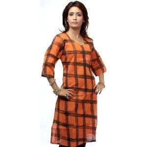  Orange Khadi Unisex Kurta Top with Checks   Pure Cotton 