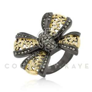  14k Gold and Hematite Bonded Filigree Bow Ring with Pavé Black 