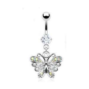   Steel Prong Set Navel with Gem Paved Butterfly Dangle   Clear Jewelry