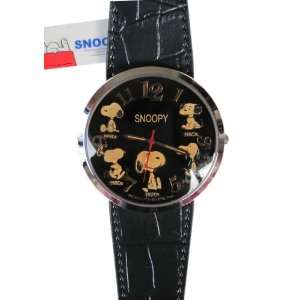   Peanuts Snoopy Big Face Watch With Black Leather Band Toys & Games