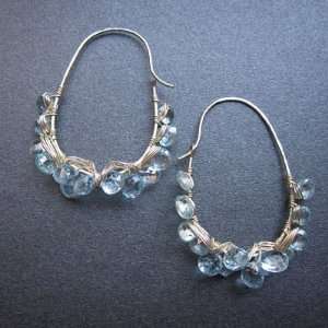 14k Gold Filled Earrings Hammered Half Round Hoops with Swiss Blue 