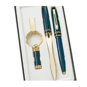  Blue Marble Ball Point Pen, Letter Opener & Key Ring Gift 
