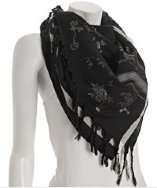 style #303888602 black cotton silk Roses fringe scarf