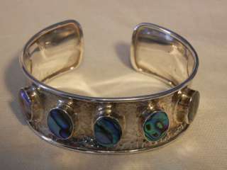 SOLID HEAVY 925 STERLING SILVER ABALONE CUFF BANGLE BRACELET  