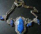 Art Deco Blue Glass & Marcasite Necklace Czech signed Silver Tone 