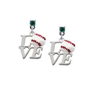 Silver Love with Enamel Baseball Emerald Swarovski Post Charm Earrings 