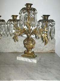   Mantle Candelabras Marble Base Cast Brass / Bronze Glass Prisms  