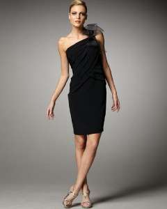   KAY UNGER New York 100% Silk One Shoulder Pleated Cocktail Dress Black