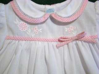 HAND~EMBROIDERED PREEMIE/NEWBORN 2PC PINK/BLUE GINGHAM TRIMMED WHITE 