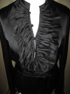 TORY BURCH Black Silk Long Sleeve Blouse w/Ruffles & French Cuffs Sz 2 