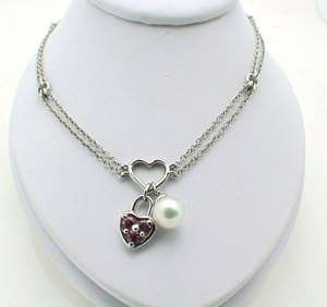 14k White Gold Heart Lock Pearl Charm Pendant Necklace  