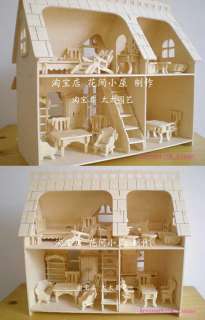 wooden puzzle dollhouse doll wood house 4 big rooms kit  