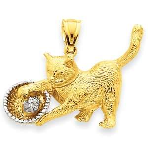  14k Gold Rhodium Cat Playing with Yarn in Basket Pendant Jewelry