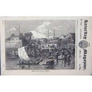  1837 SCENE RIVER CANTON CHINA BOATS JUNKS OLD PRINT