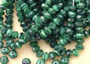 Czech Glass Marble Green Black Rondelle Beads Lot Donut  
