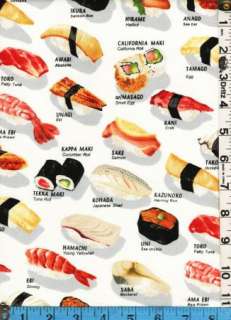 Fabric Kaufman JAPANESE SUSHI fish names Delicacies  