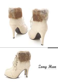 Stylish Faux Fur Ankle Lace Up Mid Heel Boots in Ivory & Brown  