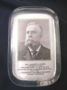 COL. ALBERT POPE GLASS PAPER WEIGHT BICYCLES CAR AUTO  