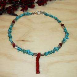 Silverplated Deep Sea Dive Turquoise and Red Coral Necklace 
