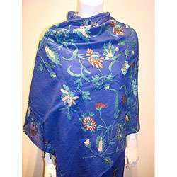 Selection Privee Oceane Blue Floral Embroidered Wool Shawl 