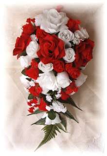 21pc Wedding Bridal Bouquet Flowers Red White Roses  