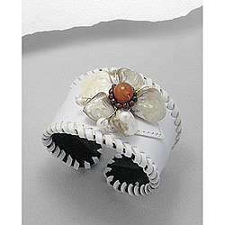 White Leather Flower Gemstone Cuff Bracelet (Thailand)  