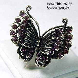Gift Tibet Silver Butterfly Style Gemstone Diamante CZ Adjustable Ring 
