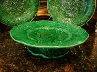 Antique English Green Majolica Pottery Compote Tazza Cake Stand w Leaf 
