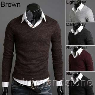 New Mens Fashion Slim Fit V neck Knitted Sweater Tops 5 Color 3 Size 