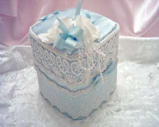 Shabby Victorian~Tissue Box Cover~BLUE Satin~IVORY Lace Accents~Faux 