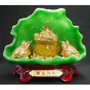  Two Golden Money Frogs on Green Lotus 