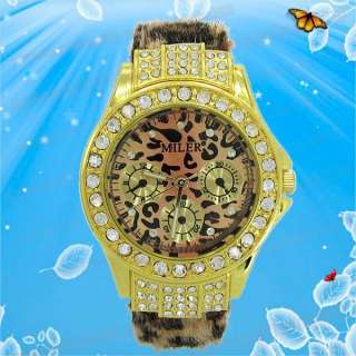   Leopard Leather Crystal Golden Dial Ladies Women Wrist Watch M688J