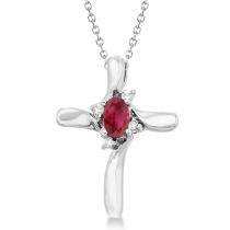 Ruby and Diamond Cross Pendant Necklace 14k White Gold  