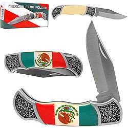 Mexican Flag Folding Pocket Knife with Sheath  