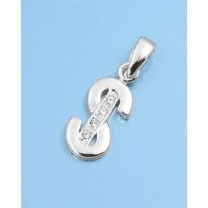  Sterling Silver Shiny Dollar Sign CZ Pendant Jewelry