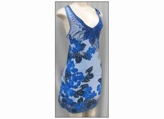NEW Free People V Neck Blue Combo Floral Crochet Neckline Dress Tunic 