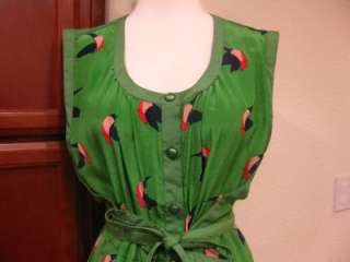   BY JACOBS Finch Print Silk Sash Tie Dress S Gator Green Multi  