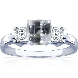    18K White Gold Cushion Cut White Sapphire Three Stone Ring Jewelry
