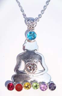 Silver Chakra Gemstone Buddha With OM Necklace Jewelry  