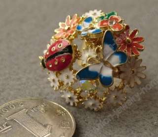 Gold Plated Colorful Glazed Butterfly Crystal Flower Adjustable Ring 