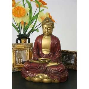 Buddha in Meditation on Lotus Sculpture, 11.5 inch H, Gold and Red   O 