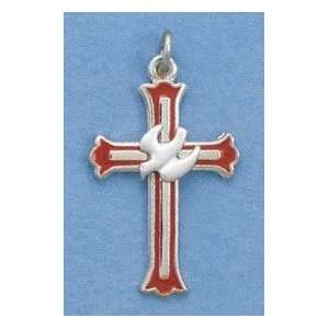 Red Enameled Sterling Silver Confirmation Cross Pendant with Dove, 1 