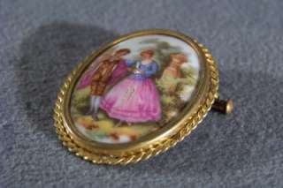 ANTIQUE HAND PAINT PORCELAIN LIMOGES OVAL PIN BROOCH  