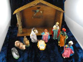 Vintage 10 Piece Japan Nativity Set With Wood Manager  