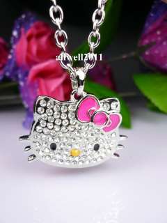 Hello Kitty Pendant Fashion Necklace Crystal Bling Rhinestone Pink Bow 