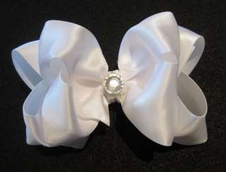 White Satin Double Layered Fancy Hair Bows Girls Glam Hairbow Wedding 