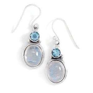  Rainbow Moonstone Earrings with Blue Topaz Sterling Silver 